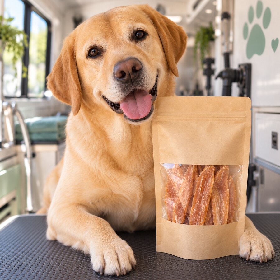 Golden Labrador beside a packet of dried chicken breast dog treats