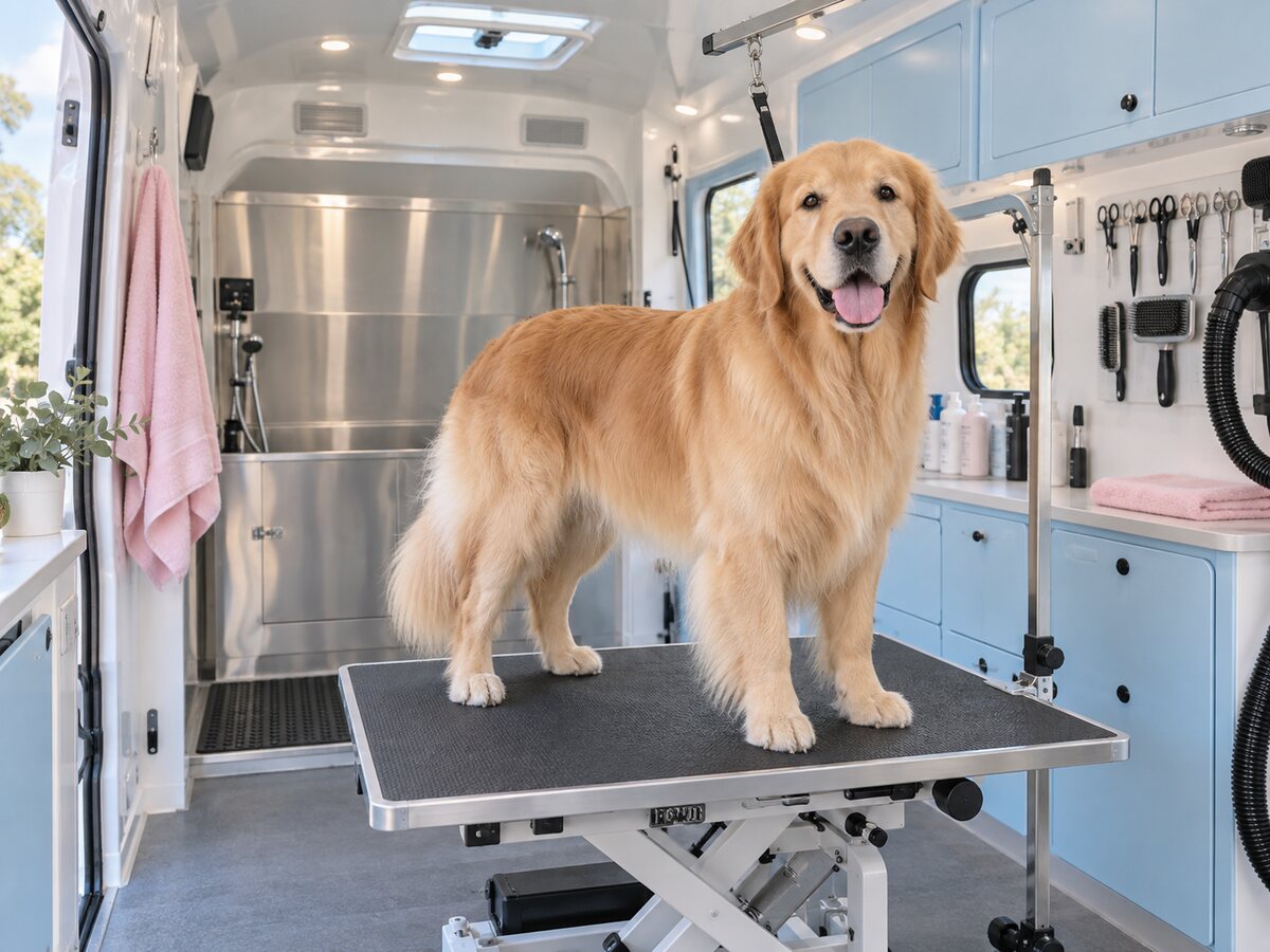 Large dog being groomed inside a mobile grooming trailer